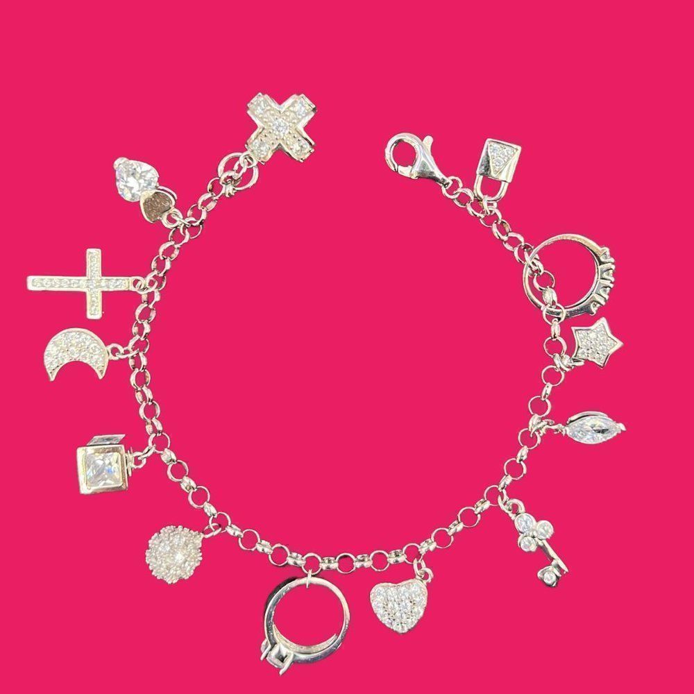 925 Sterling Silver Love Heart Cross Ring Charm Bracelet